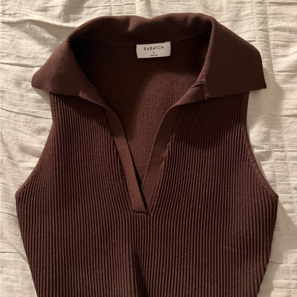 Babaton Sleeveless Ribbed Polo Top in Brown